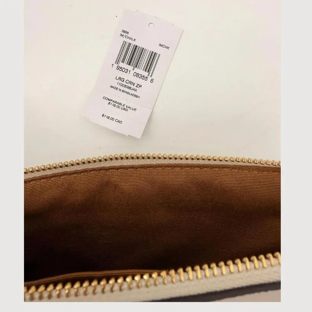 Coach Large Corner Zip Wristlet Cream Pebbled Leather NWT